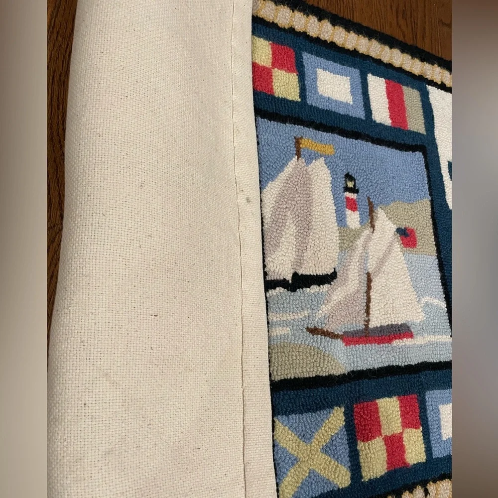 Rare Claire Murray Nautical Hooked Rug Blue/Red Sail Boats/Ocean- 25X36 Vibrant - Picture 8 of 9